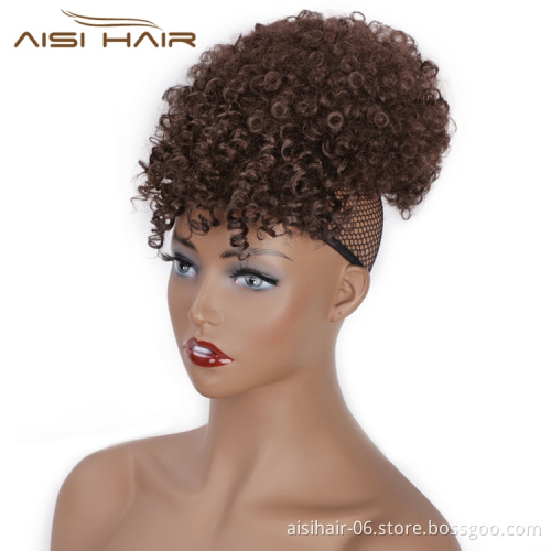 Aisi Hair Afro Puff Ponytail With Bangs Short Kinky Curly Hair Bun Clip In On Wrap Drawstring Updo Hair Extensions For Women